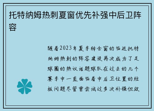 托特纳姆热刺夏窗优先补强中后卫阵容